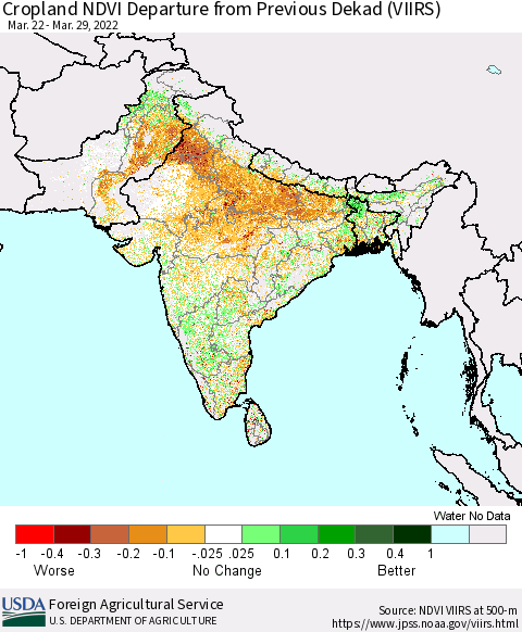 Southern Asia Cropland NDVI Departure from Previous Dekad (VIIRS) Thematic Map For 3/21/2022 - 3/31/2022