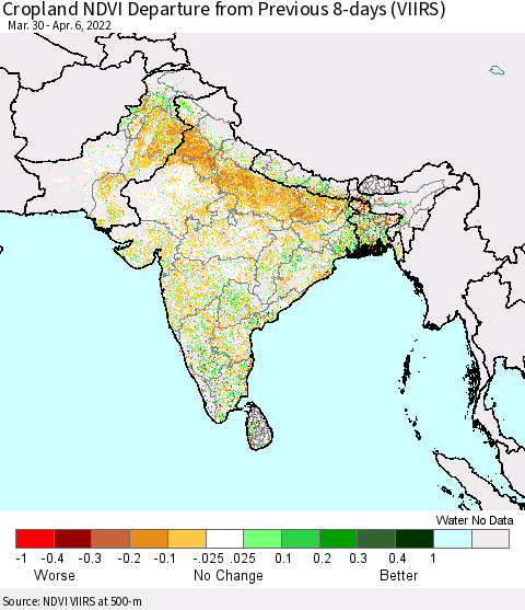 Southern Asia Cropland NDVI Departure from Previous 8-days (VIIRS) Thematic Map For 3/30/2022 - 4/6/2022