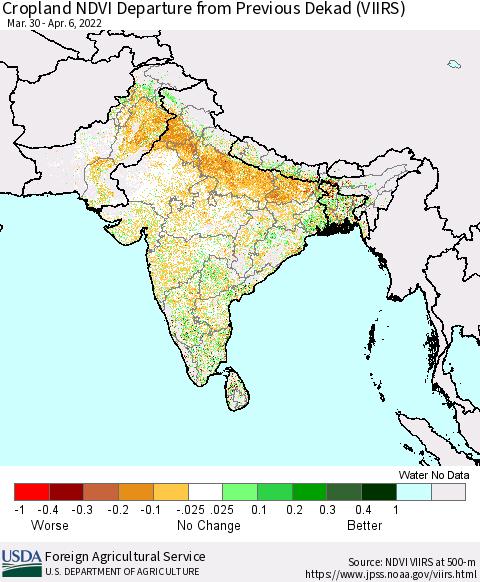 Southern Asia Cropland NDVI Departure from Previous Dekad (VIIRS) Thematic Map For 4/1/2022 - 4/10/2022