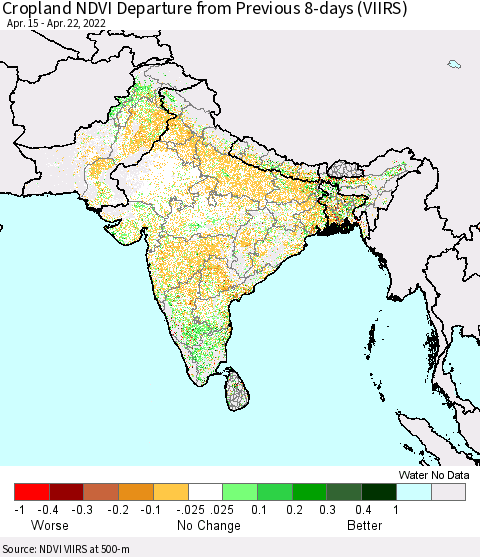 Southern Asia Cropland NDVI Departure from Previous 8-days (VIIRS) Thematic Map For 4/15/2022 - 4/22/2022