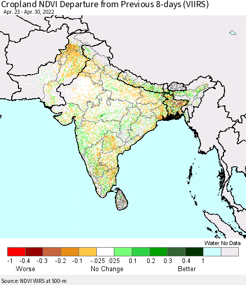 Southern Asia Cropland NDVI Departure from Previous Dekad (VIIRS) Thematic Map For 4/21/2022 - 4/30/2022