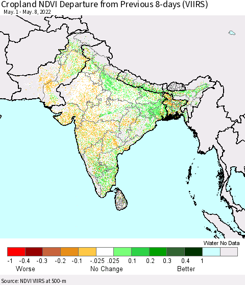 Southern Asia Cropland NDVI Departure from Previous 8-days (VIIRS) Thematic Map For 5/1/2022 - 5/8/2022