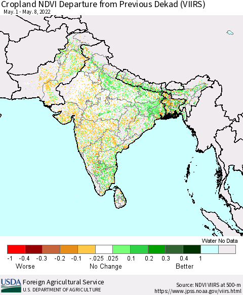 Southern Asia Cropland NDVI Departure from Previous Dekad (VIIRS) Thematic Map For 5/1/2022 - 5/10/2022