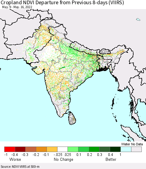 Southern Asia Cropland NDVI Departure from Previous 8-days (VIIRS) Thematic Map For 5/9/2022 - 5/16/2022
