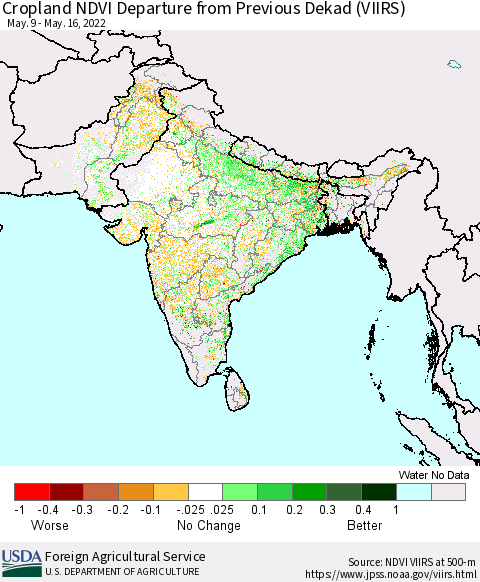Southern Asia Cropland NDVI Departure from Previous Dekad (VIIRS) Thematic Map For 5/11/2022 - 5/20/2022