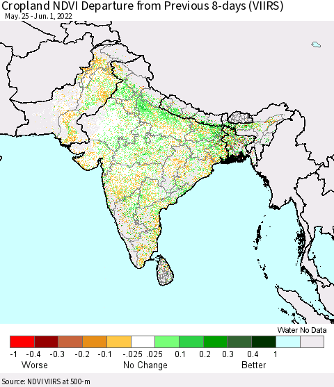 Southern Asia Cropland NDVI Departure from Previous 8-days (VIIRS) Thematic Map For 5/25/2022 - 6/1/2022
