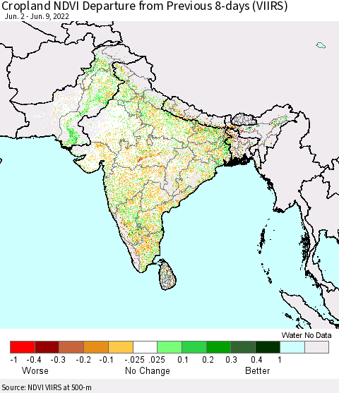 Southern Asia Cropland NDVI Departure from Previous 8-days (VIIRS) Thematic Map For 6/2/2022 - 6/9/2022
