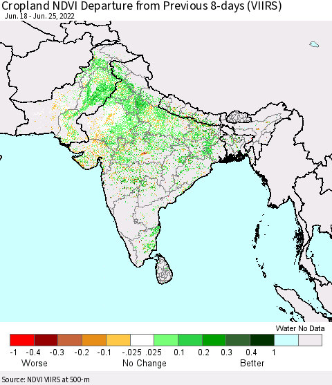 Southern Asia Cropland NDVI Departure from Previous 8-days (VIIRS) Thematic Map For 6/18/2022 - 6/25/2022