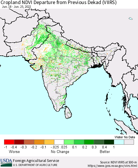 Southern Asia Cropland NDVI Departure from Previous Dekad (VIIRS) Thematic Map For 6/21/2022 - 6/30/2022
