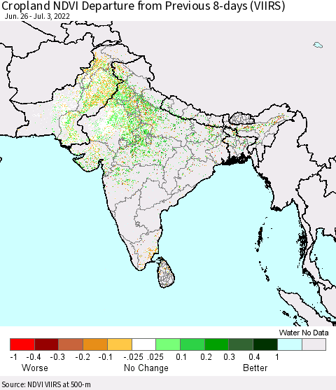 Southern Asia Cropland NDVI Departure from Previous 8-days (VIIRS) Thematic Map For 6/26/2022 - 7/3/2022