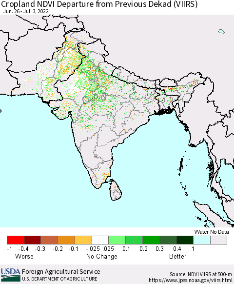 Southern Asia Cropland NDVI Departure from Previous Dekad (VIIRS) Thematic Map For 7/1/2022 - 7/10/2022