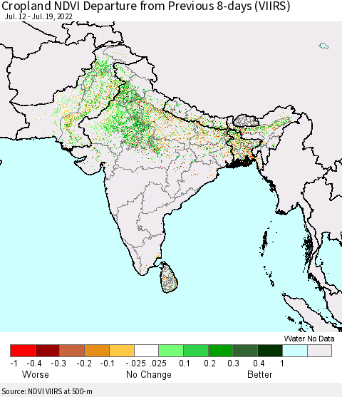 Southern Asia Cropland NDVI Departure from Previous 8-days (VIIRS) Thematic Map For 7/12/2022 - 7/19/2022