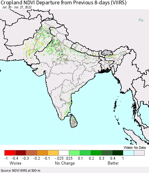 Southern Asia Cropland NDVI Departure from Previous 8-days (VIIRS) Thematic Map For 7/20/2022 - 7/27/2022