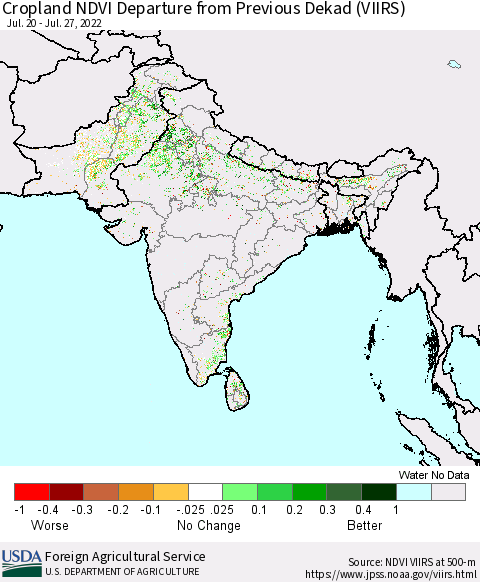 Southern Asia Cropland NDVI Departure from Previous Dekad (VIIRS) Thematic Map For 7/21/2022 - 7/31/2022