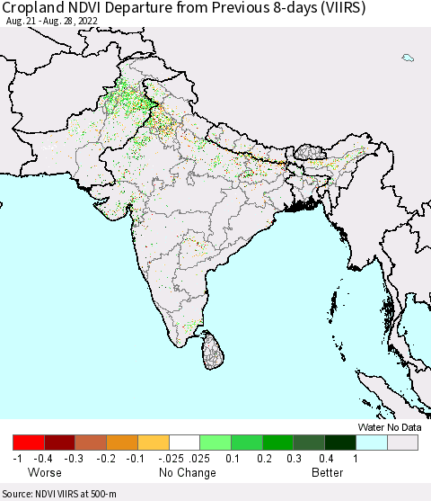 Southern Asia Cropland NDVI Departure from Previous 8-days (VIIRS) Thematic Map For 8/21/2022 - 8/28/2022