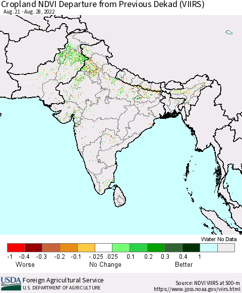 Southern Asia Cropland NDVI Departure from Previous Dekad (VIIRS) Thematic Map For 8/21/2022 - 8/31/2022