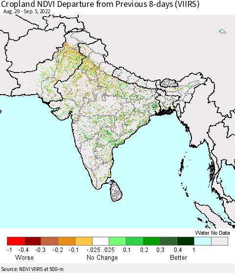 Southern Asia Cropland NDVI Departure from Previous 8-days (VIIRS) Thematic Map For 8/29/2022 - 9/5/2022