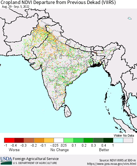 Southern Asia Cropland NDVI Departure from Previous Dekad (VIIRS) Thematic Map For 9/1/2022 - 9/10/2022