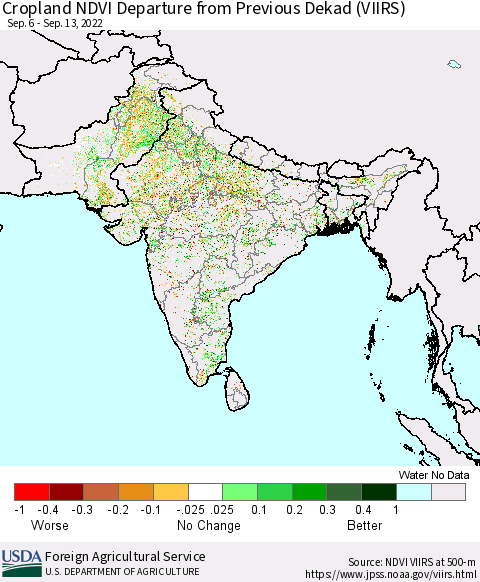Southern Asia Cropland NDVI Departure from Previous Dekad (VIIRS) Thematic Map For 9/11/2022 - 9/20/2022