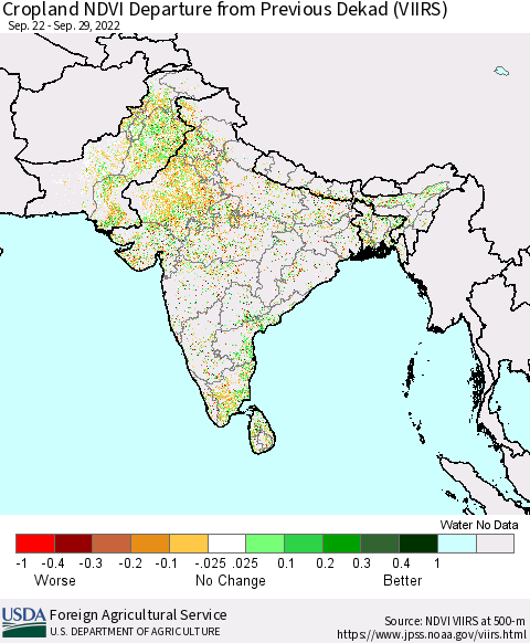 Southern Asia Cropland NDVI Departure from Previous Dekad (VIIRS) Thematic Map For 9/21/2022 - 9/30/2022
