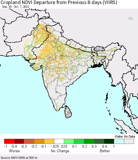 Southern Asia Cropland NDVI Departure from Previous 8-days (VIIRS) Thematic Map For 9/30/2022 - 10/7/2022