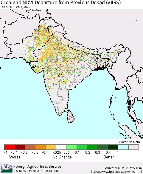 Southern Asia Cropland NDVI Departure from Previous Dekad (VIIRS) Thematic Map For 10/1/2022 - 10/10/2022