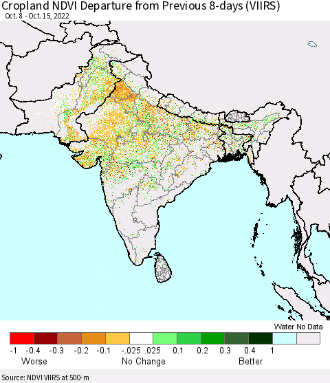 Southern Asia Cropland NDVI Departure from Previous 8-days (VIIRS) Thematic Map For 10/8/2022 - 10/15/2022