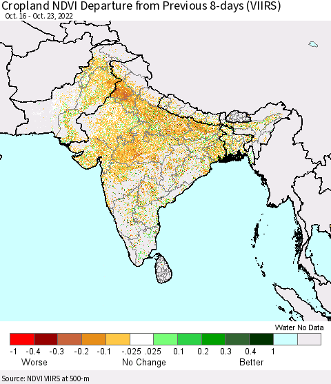 Southern Asia Cropland NDVI Departure from Previous 8-days (VIIRS) Thematic Map For 10/16/2022 - 10/23/2022