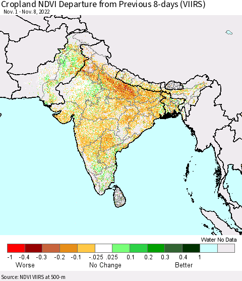 Southern Asia Cropland NDVI Departure from Previous 8-days (VIIRS) Thematic Map For 11/1/2022 - 11/8/2022