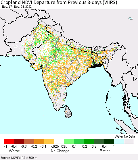 Southern Asia Cropland NDVI Departure from Previous 8-days (VIIRS) Thematic Map For 11/17/2022 - 11/24/2022