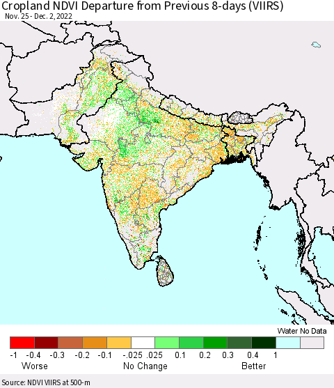Southern Asia Cropland NDVI Departure from Previous 8-days (VIIRS) Thematic Map For 11/25/2022 - 12/2/2022