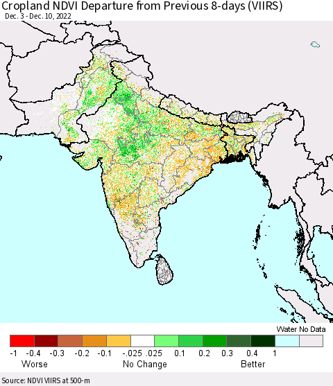 Southern Asia Cropland NDVI Departure from Previous Dekad (VIIRS) Thematic Map For 12/1/2022 - 12/10/2022