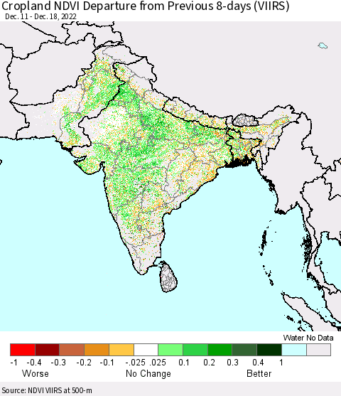 Southern Asia Cropland NDVI Departure from Previous 8-days (VIIRS) Thematic Map For 12/11/2022 - 12/18/2022