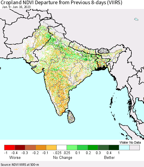 Southern Asia Cropland NDVI Departure from Previous 8-days (VIIRS) Thematic Map For 1/9/2023 - 1/16/2023