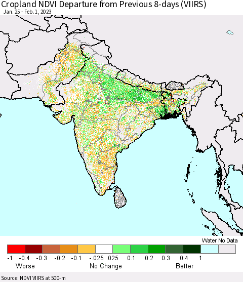 Southern Asia Cropland NDVI Departure from Previous 8-days (VIIRS) Thematic Map For 1/25/2023 - 2/1/2023