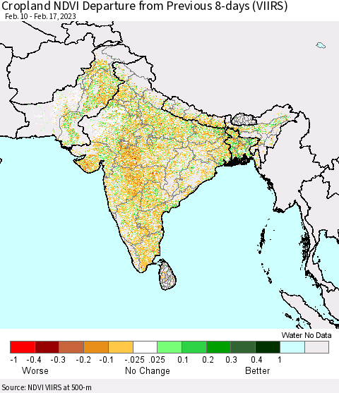 Southern Asia Cropland NDVI Departure from Previous 8-days (VIIRS) Thematic Map For 2/10/2023 - 2/17/2023