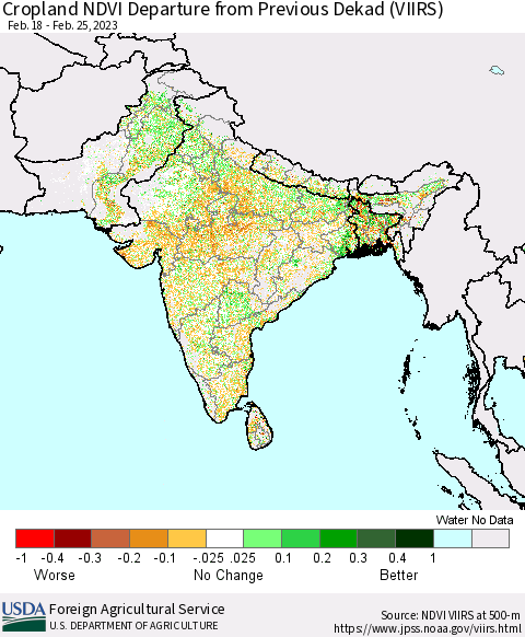 Southern Asia Cropland NDVI Departure from Previous Dekad (VIIRS) Thematic Map For 2/21/2023 - 2/28/2023