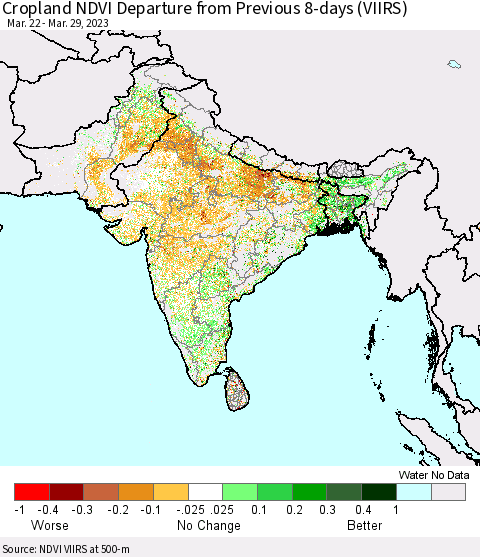 Southern Asia Cropland NDVI Departure from Previous 8-days (VIIRS) Thematic Map For 3/22/2023 - 3/29/2023