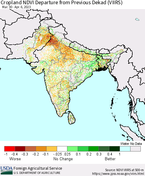 Southern Asia Cropland NDVI Departure from Previous Dekad (VIIRS) Thematic Map For 4/1/2023 - 4/10/2023