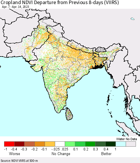 Southern Asia Cropland NDVI Departure from Previous 8-days (VIIRS) Thematic Map For 4/7/2023 - 4/14/2023