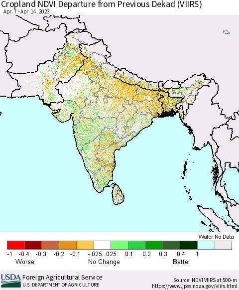 Southern Asia Cropland NDVI Departure from Previous Dekad (VIIRS) Thematic Map For 4/11/2023 - 4/20/2023