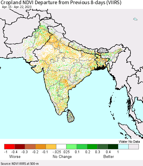 Southern Asia Cropland NDVI Departure from Previous 8-days (VIIRS) Thematic Map For 4/15/2023 - 4/22/2023