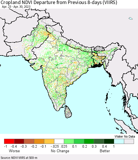 Southern Asia Cropland NDVI Departure from Previous 8-days (VIIRS) Thematic Map For 4/23/2023 - 4/30/2023