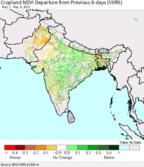 Southern Asia Cropland NDVI Departure from Previous 8-days (VIIRS) Thematic Map For 5/1/2023 - 5/8/2023