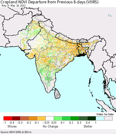 Southern Asia Cropland NDVI Departure from Previous 8-days (VIIRS) Thematic Map For 5/9/2023 - 5/16/2023