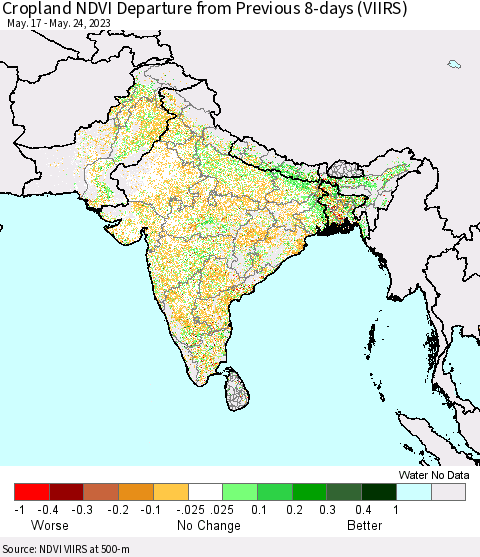 Southern Asia Cropland NDVI Departure from Previous 8-days (VIIRS) Thematic Map For 5/17/2023 - 5/24/2023