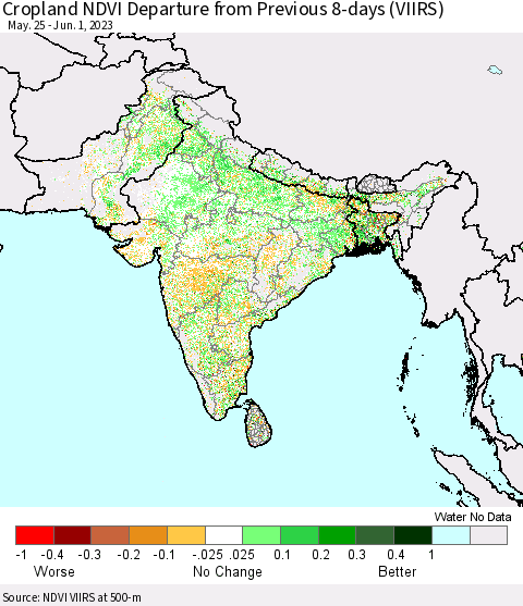 Southern Asia Cropland NDVI Departure from Previous 8-days (VIIRS) Thematic Map For 5/25/2023 - 6/1/2023