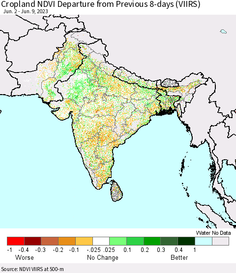 Southern Asia Cropland NDVI Departure from Previous 8-days (VIIRS) Thematic Map For 6/2/2023 - 6/9/2023