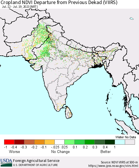 Southern Asia Cropland NDVI Departure from Previous Dekad (VIIRS) Thematic Map For 7/11/2023 - 7/20/2023