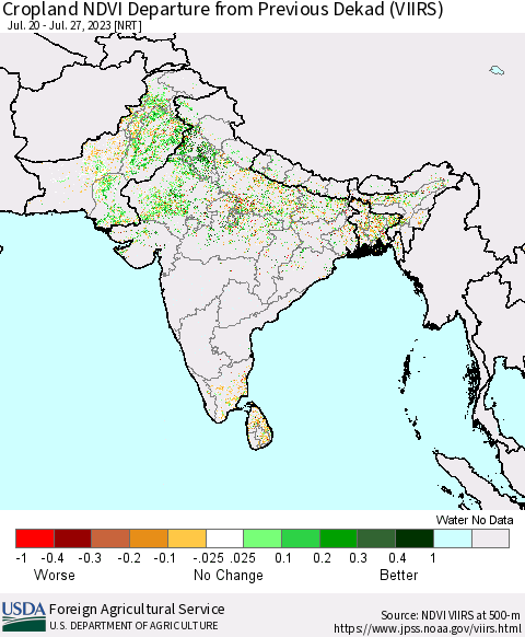 Southern Asia Cropland NDVI Departure from Previous Dekad (VIIRS) Thematic Map For 7/21/2023 - 7/31/2023